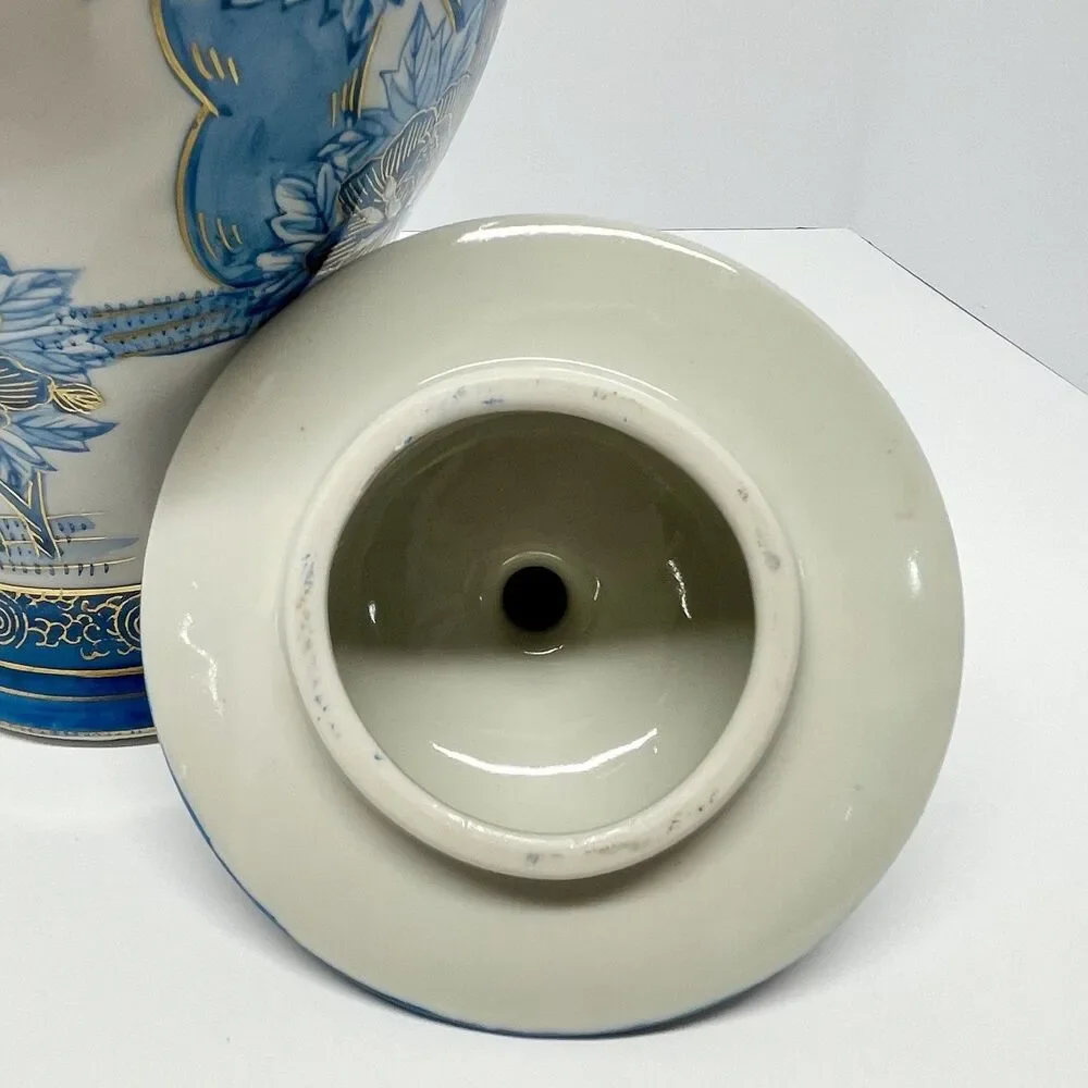 Vintage Heygill Imports Japan Peacock Ginger Jar Blue, wht & Gold Lidded-EXCL